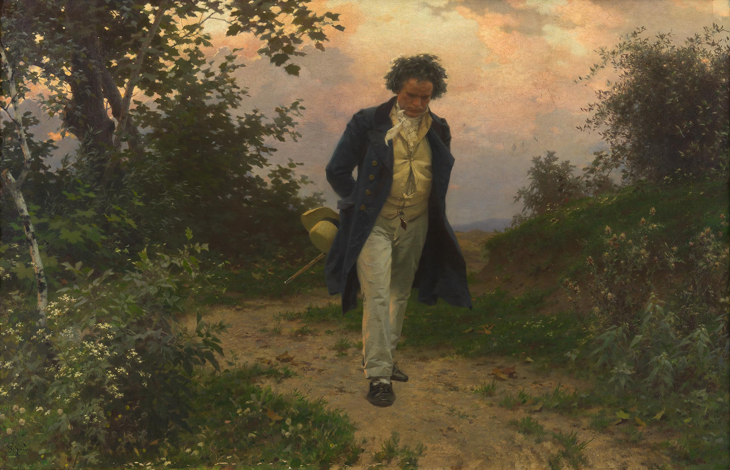 Beethoven beim Wandern auf einem auf einem romantischen Gemälde von Julius Schmid aus dem Jahr 1901