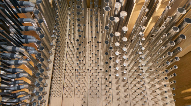 Die Orgelpfeifen der Elbphilharmonie. Der Lockdown wird dazu benützt, sie zu putzen.