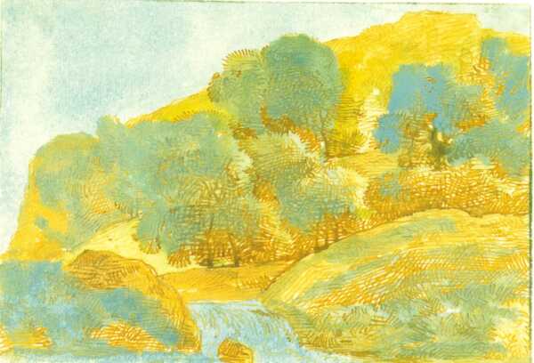 Franz Kobell: Landschaft mit Bach, Hügeln und Bäumen, aquarellierte Federzeichnung