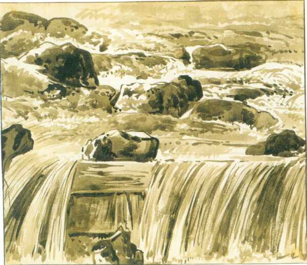 Pinselzeichnung eines Wasserfalls der Isar