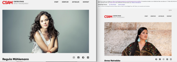 Regula Mühlemann / Anna Netrebko auf der Seite ihrer Künstleragentur